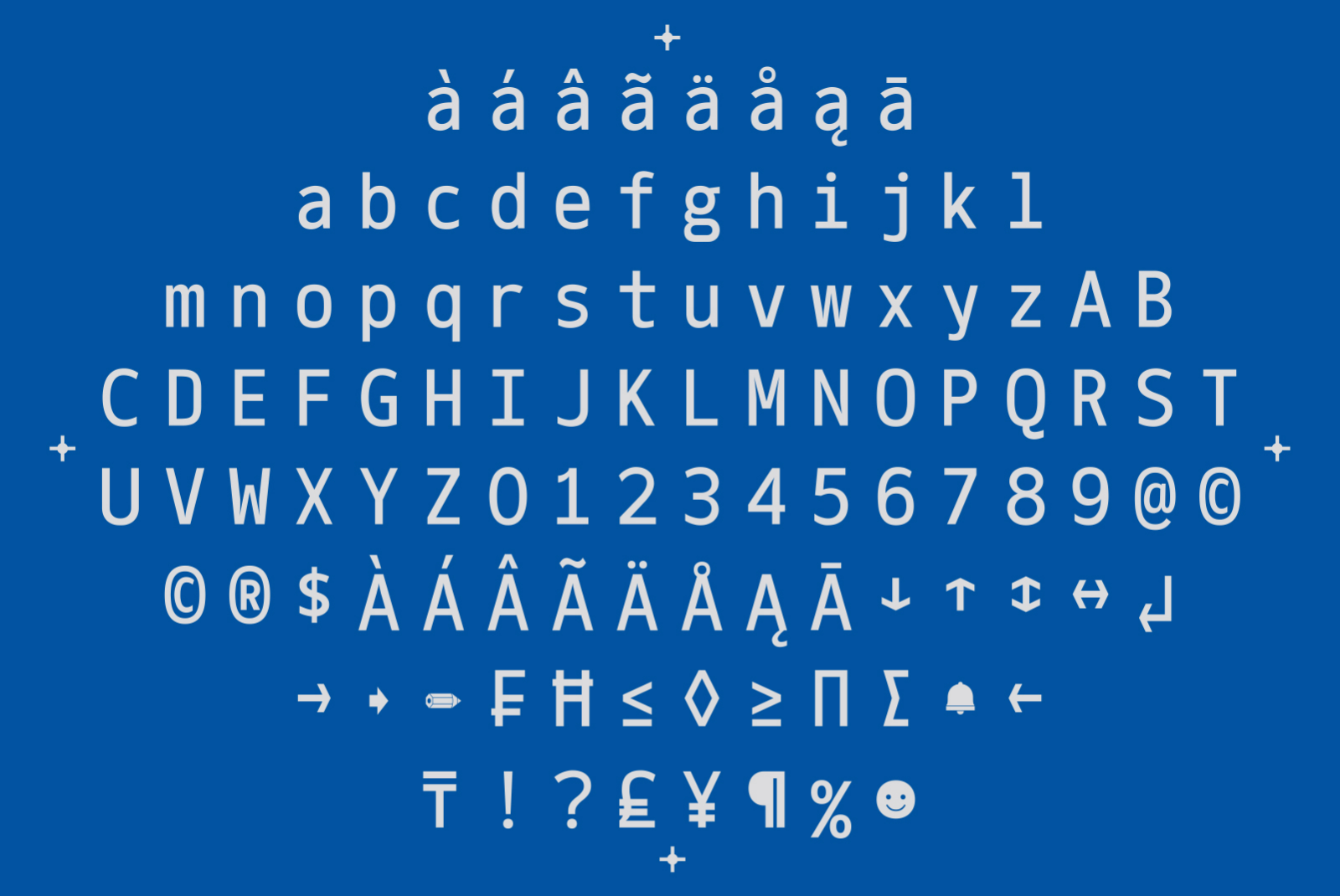 Complete font set displayed on blue background, showcasing capital and lowercase letters, numbers, special characters, with various accents. For designers.