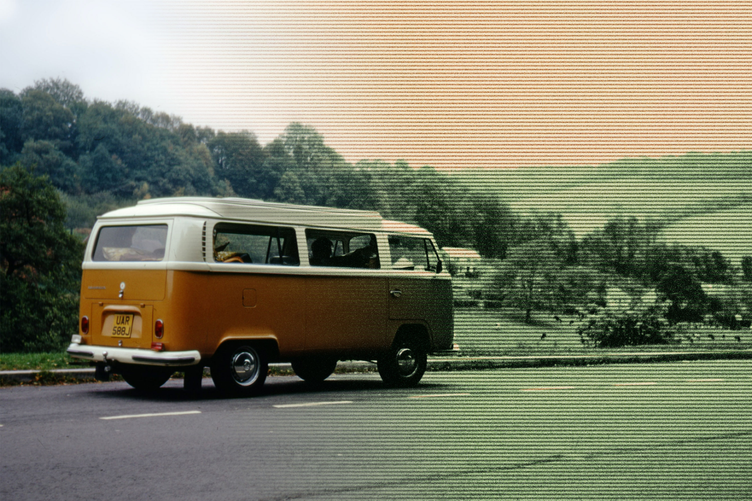 Retro van on countryside road with a halftone effect suitable for graphic designers searching vintage vehicle designs mockups. Scenic landscape background.