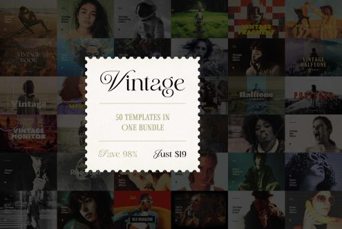 Vintage templates bundle for designers featuring 50 templates with various photo effects save 98 percent ideal for mockups graphics and templates. Price 19 dollars