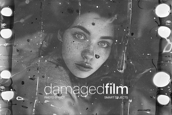 Black and white damaged film photo effect mockup showcasing a woman's face with scratches and light leaks, perfect for vintage photography and design projects.