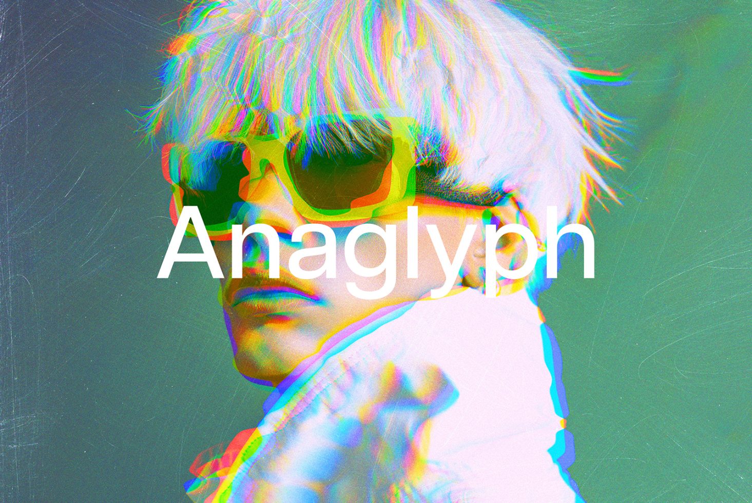 Anaglyph effect design with vibrant glitch colors featuring a person wearing sunglasses suitable for graphic design mockups and templates for designers.