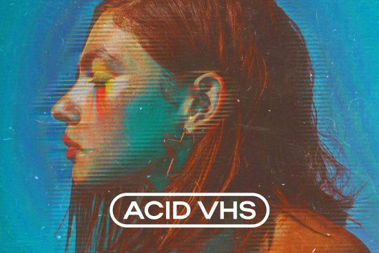 Acid VHS digital graphics template for designers features a bold retro VHS glitch effect with a profile of a young woman in vibrant colors perfect for mockups