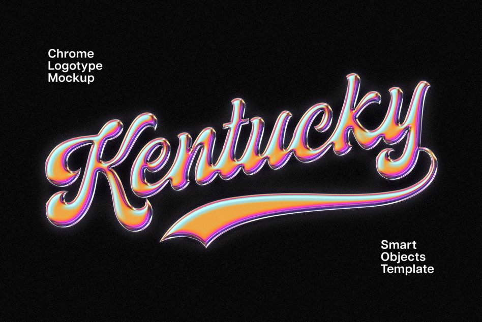 Chrome Logotype Mockup displaying the word Kentucky in shiny, colorful text effect on black background Smart Objects Template for designers graphic resources.