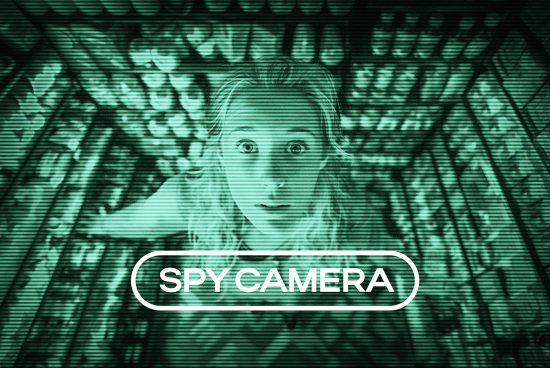 Spy camera viewpoint graphic showing a woman from a high angle in a green-toned grid pattern, suitable for use in mockups and design templates.