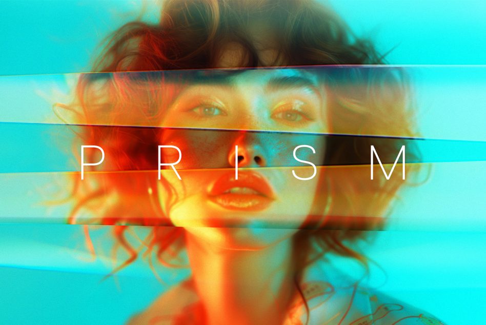 Vibrant digital artwork featuring a woman's face fragmented by prisms with the word Prism overlayed suitable for graphic design assets and creative templates.