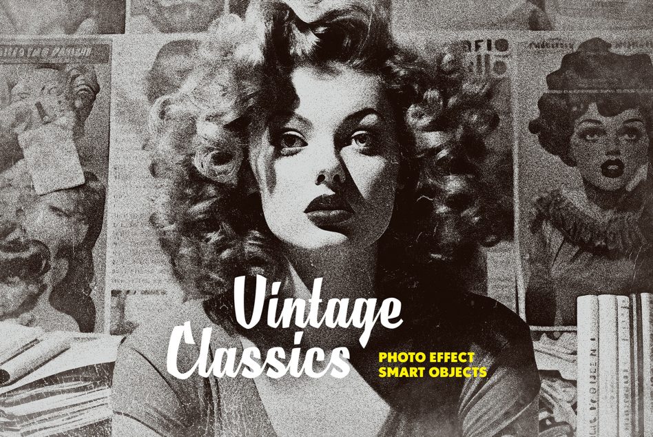 Vintage black-and-white photo effect mockup with retro film stills layered behind elegant script typography