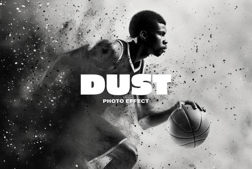 Dust photo effect featuring a basketball player disintegrating into particles. Ideal for digital assets, photo effects, and graphic designers.