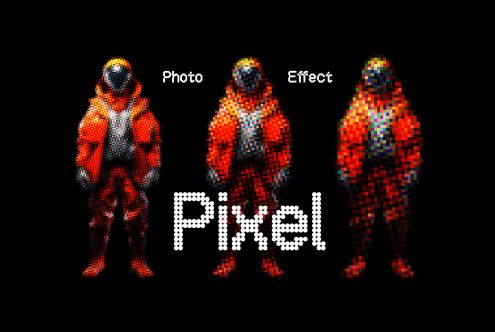 Pixel effect transformation mockup with astronaut photo comparison, showcasing pixel art style. Perfect asset for designers looking for unique graphics and templates.