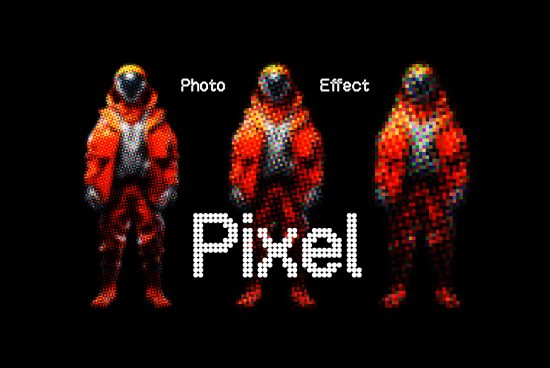 Pixel effect transformation mockup with astronaut photo comparison, showcasing pixel art style. Perfect asset for designers looking for unique graphics and templates.