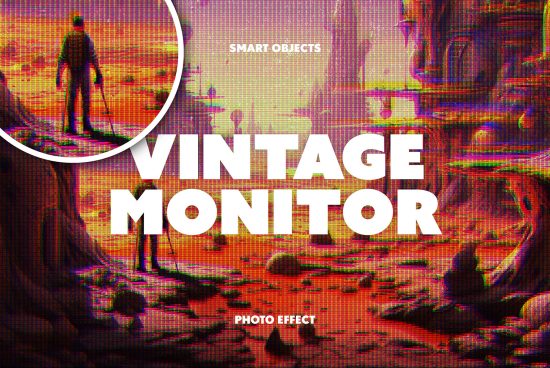 Vintage monitor photo effect mockup featuring a retro pixelated screen with vibrant colors and a landscape, ideal for designers developing graphics.