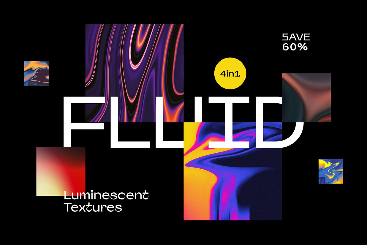 Fluid luminescent textures collection 4 in 1 showing vibrant and colorful abstract designs Save 60 percent perfect for graphics and design assets for designers