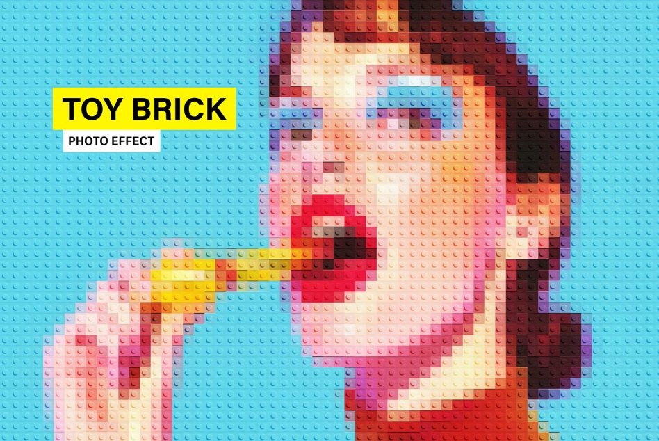 Toy Brick Photo Effect digital mockup showing a pixelated woman holding a yellow item against a blue background. Ideal for graphic designers and templates.