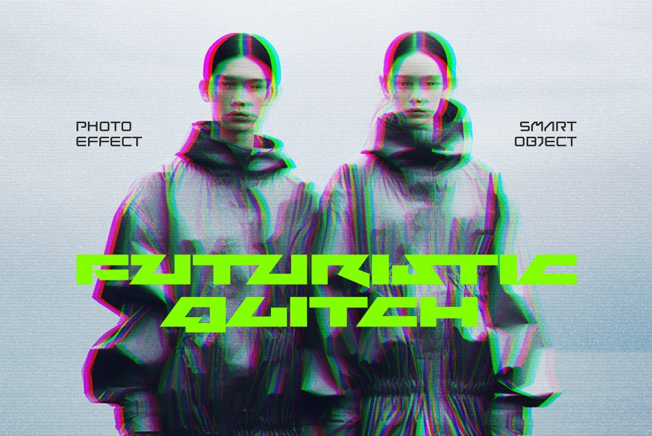 Futuristic Glitch Photo Effect Mockup featuring neon green typography and distorted double exposure of people in modern outfits suitable for designers.