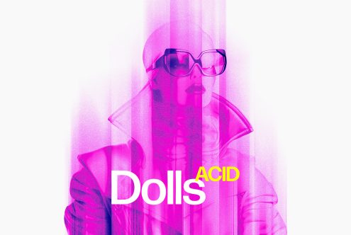 Stylized acid pink graphic of a figure in sunglasses and trench coat with words Dolls Acid. Could be used for graphic templates, posters, or digital artwork.