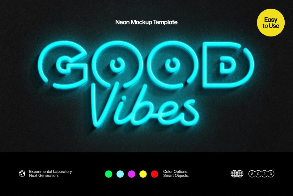 Neon Mockup Template displaying GOOD Vibes text in blue light, easy to use, color options, smart objects, ideal for designers seeking trendy fonts.