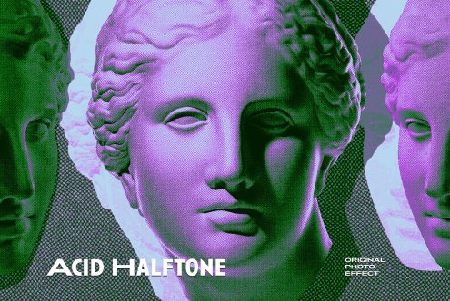 Acid Halftone effect showing a classical sculpture bust in green and pink tones. Ideal for graphic designers looking for unique photo effects and graphics.