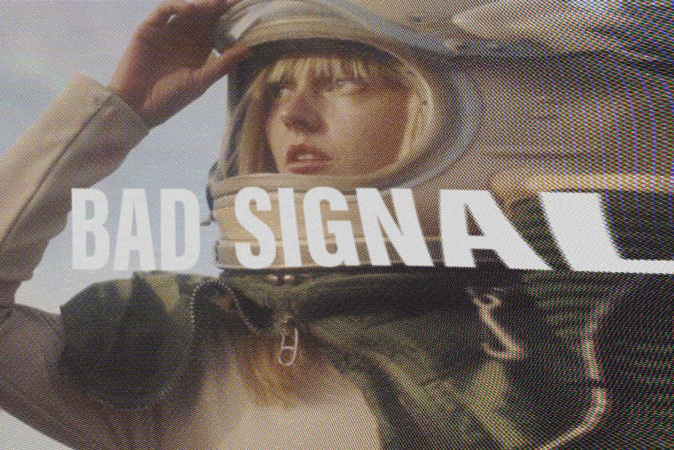 Grainy image of an astronaut with the text Bad Signal overlaying. Suitable for graphic design, digital assets, mockups, templates, fonts, and design projects.