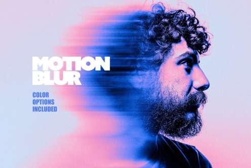 Motion blur effect on a bearded man with vibrant blue and pink color gradients. Text reads Motion Blur Color Options Included. Ideal for graphic designers.