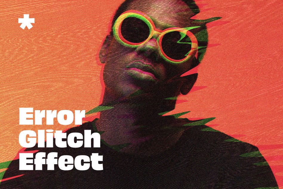 Error Glitch Effect on a digital graphic featuring a person with colorful glasses on a red background. Perfect for designers, templates, mockups, and graphics.