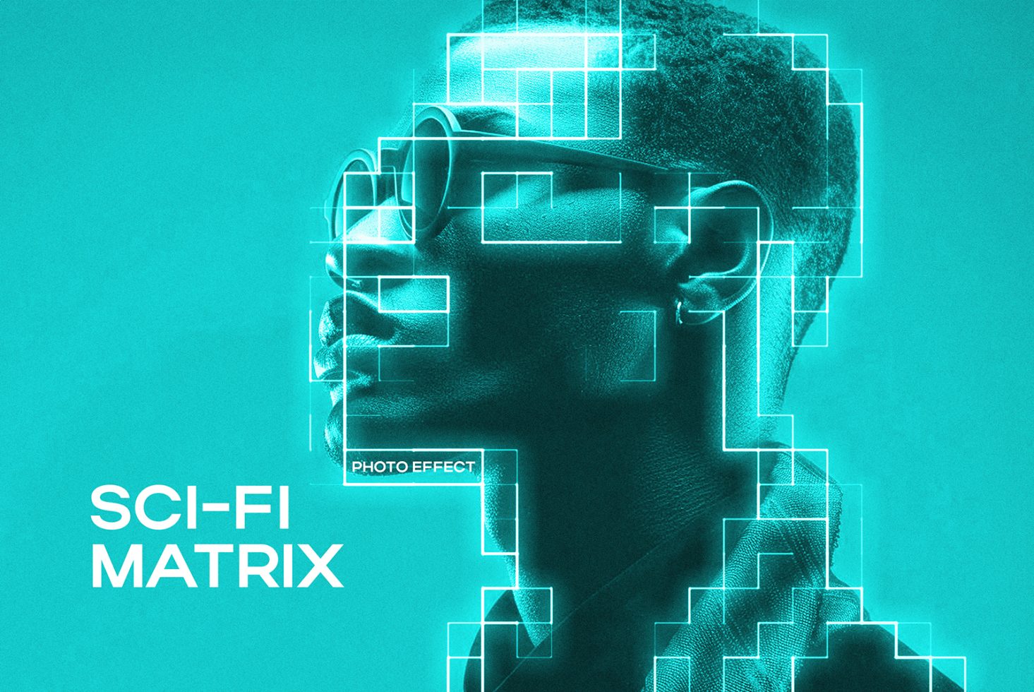 Sci-fi matrix photo effect futuristic digital art template featuring person in sunglasses with geometric overlays. Perfect for graphic design and mockups.