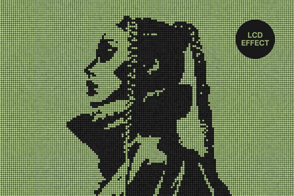 LCD effect graphic template depicting a pixelated side profile of a woman. Ideal for digital mockups, prints, and artistic projects. Keywords: LCD, pixel art, graphic template.