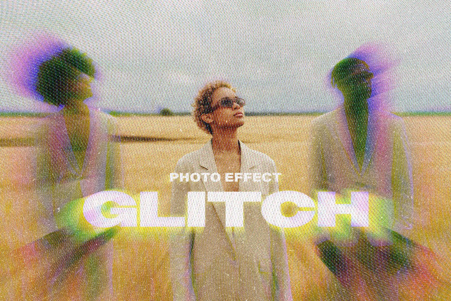 Trendy glitch photo effect with vibrant colors featuring three people in a field. Perfect for designers. Keywords: Glitch, Mockups, Graphics, Templates.