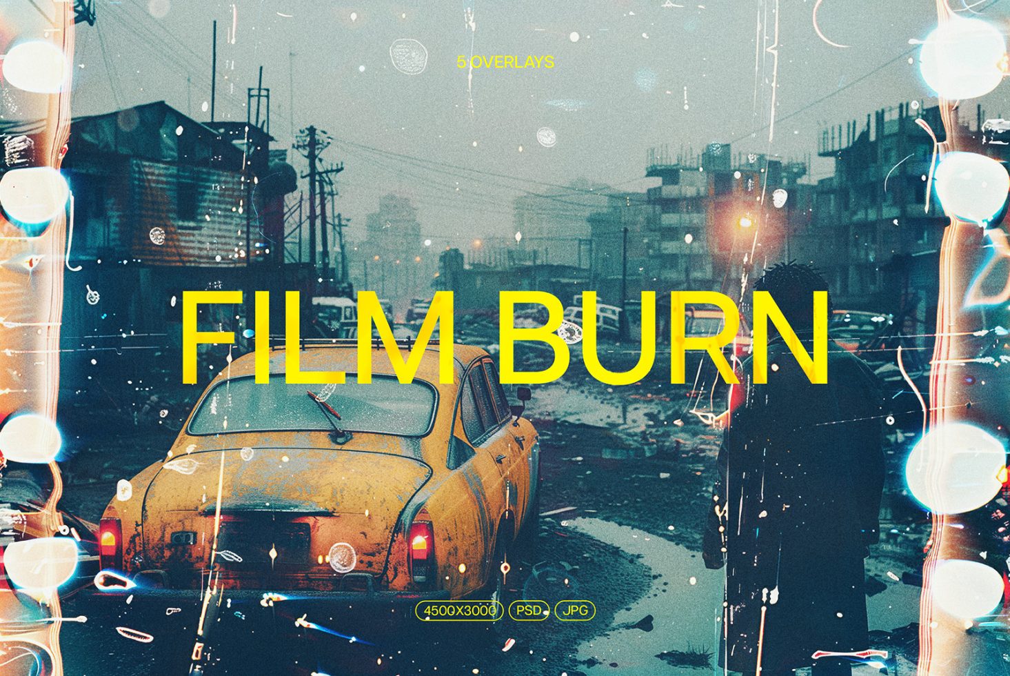 Film burn overlay template for designers, featuring a vintage street scene. Includes 5 overlays in PSD and JPG formats. Ideal for adding creative graphic effects