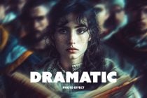 Cinematic photo effect with motion blur, teal tones, girl's portrait with freckles in moody lighting