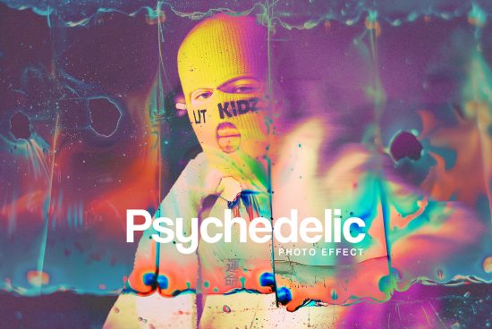 Psychedelic photo effect template with vibrant colors and surreal visuals ideal for design mockups digital assets UV abstract colorful creative illustration graphics