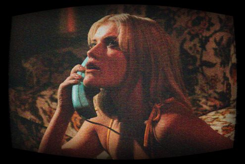 Vintage TV screen mockup of a woman on a retro phone. Grunge effects and realism make this ideal for design projects and digital assets for designers.