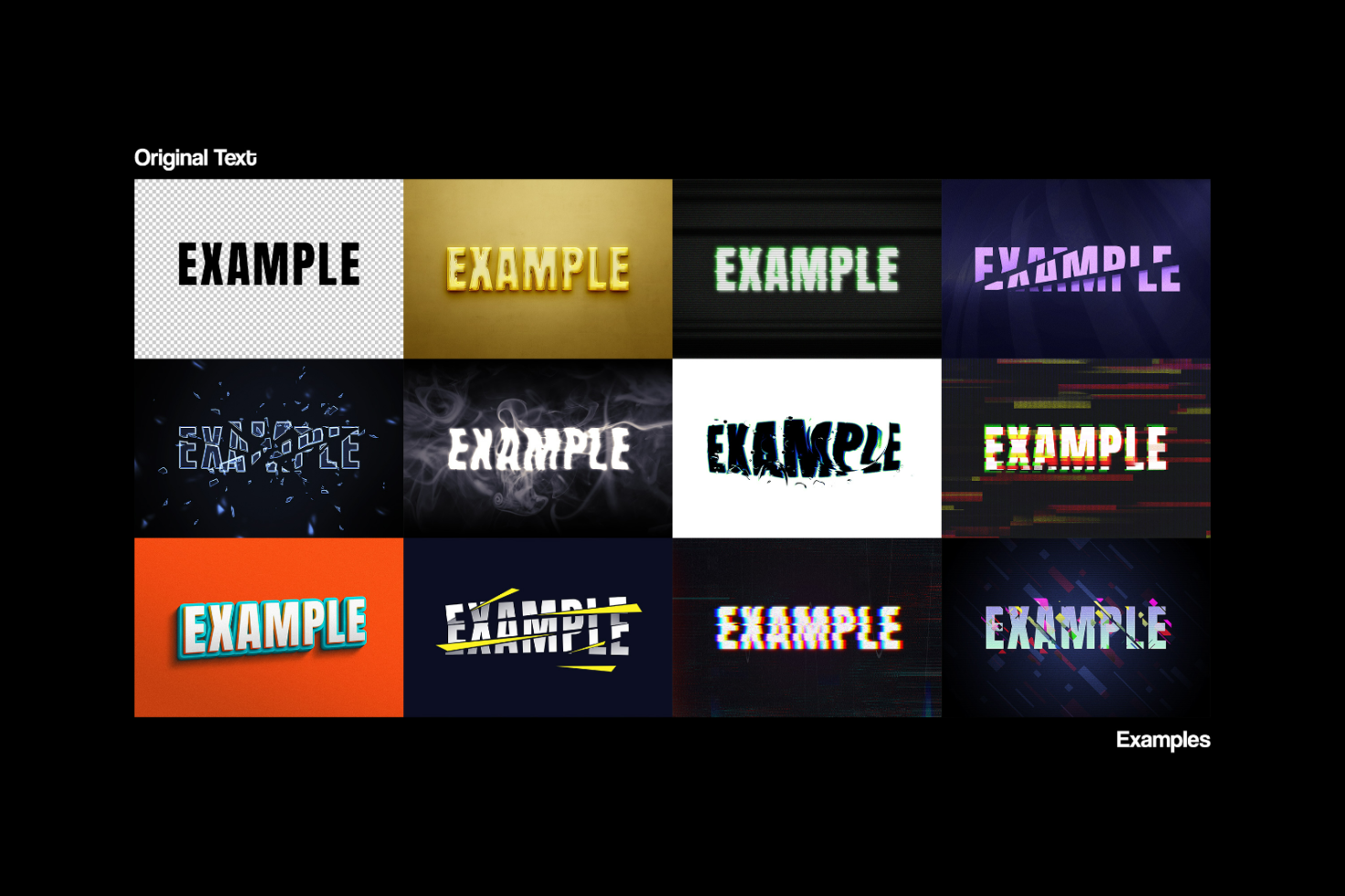 Various text effects displayed on the word example including glitch, gold, smoke, glass, and neon styles. Perfect for design templates, mockups, graphics.