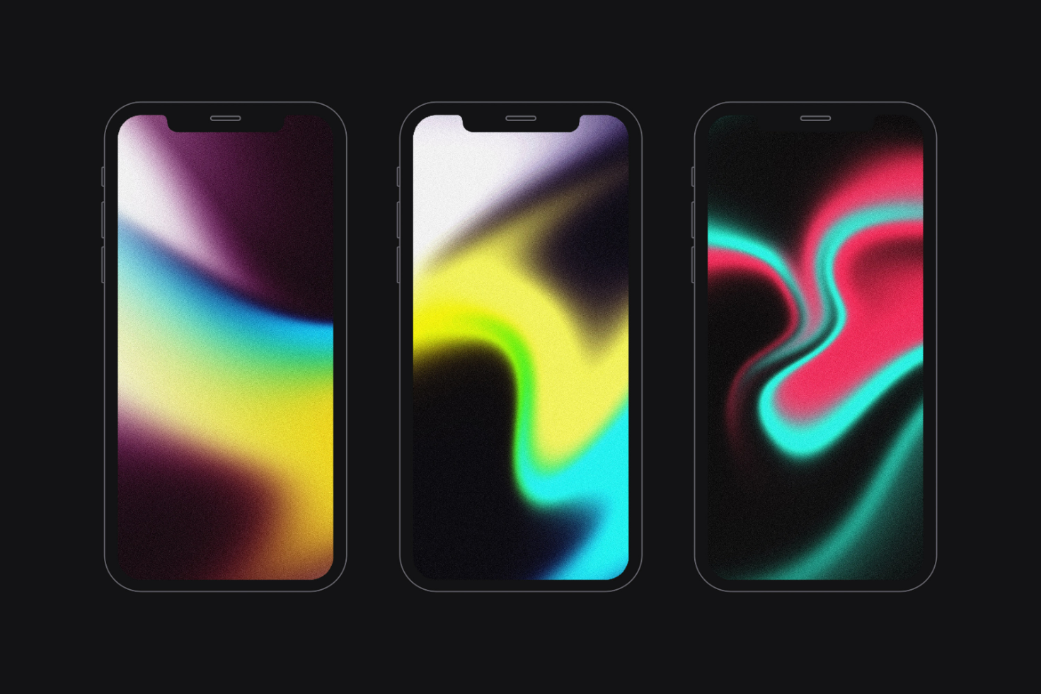 This is an iPhone mockup featuring three different screens with vibrant abstract gradient backgrounds. Perfect digital asset for designers creating app presentations.