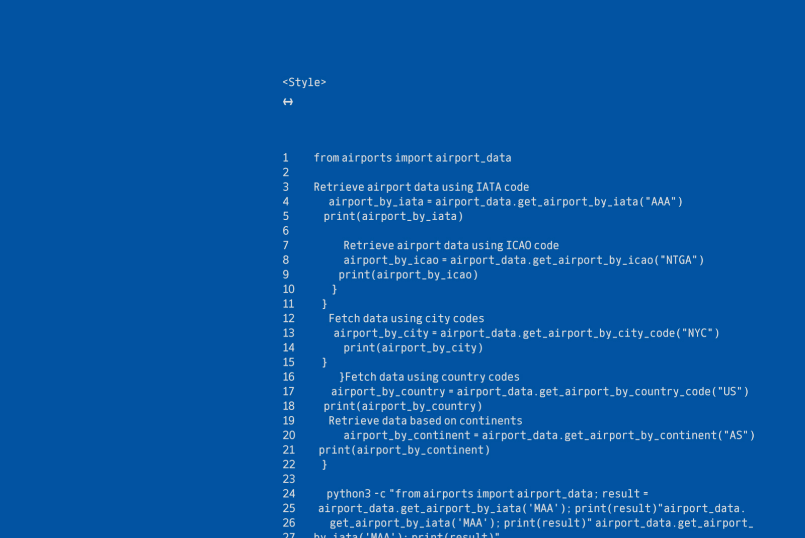 Python code snippet for retrieving airport data using IATA, ICAO, and city codes. Suitable for Templates category on digital asset platforms for designers.