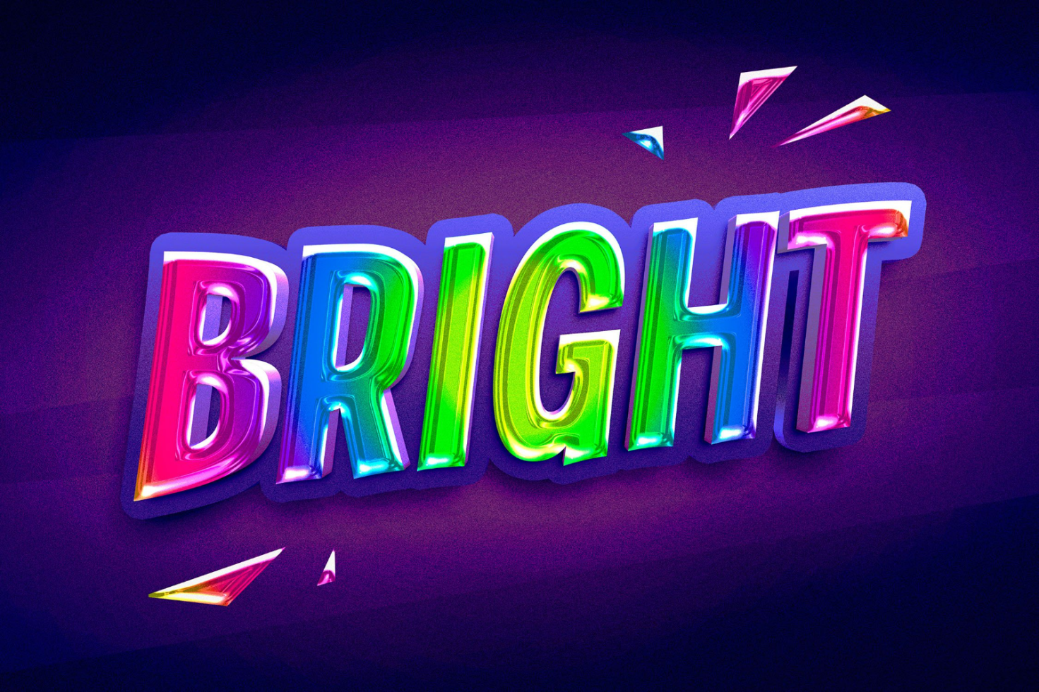 Colorful editable text effect with the word bright on a dark gradient background perfect for designers creating vibrant posters banners and digital art.