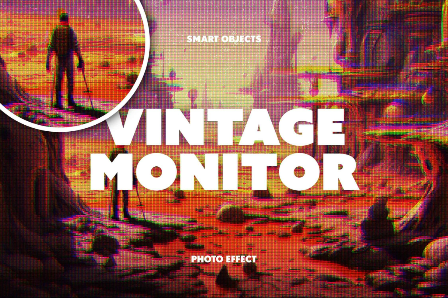 Vintage monitor photo effect for designers in digital assets marketplace. Includes smart objects for easy customization. Perfect for creating retro graphics.