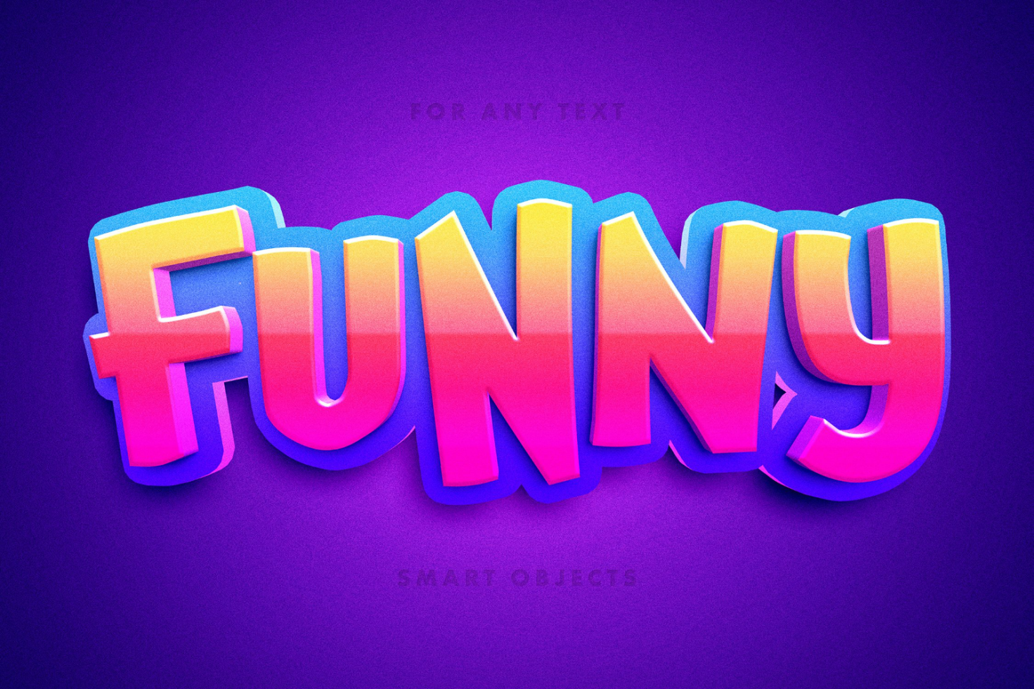 3D layered funny text effect in bright, gradient colors on a purple background perfect for designers graphics typography vibrant editable smart objects Photoshop