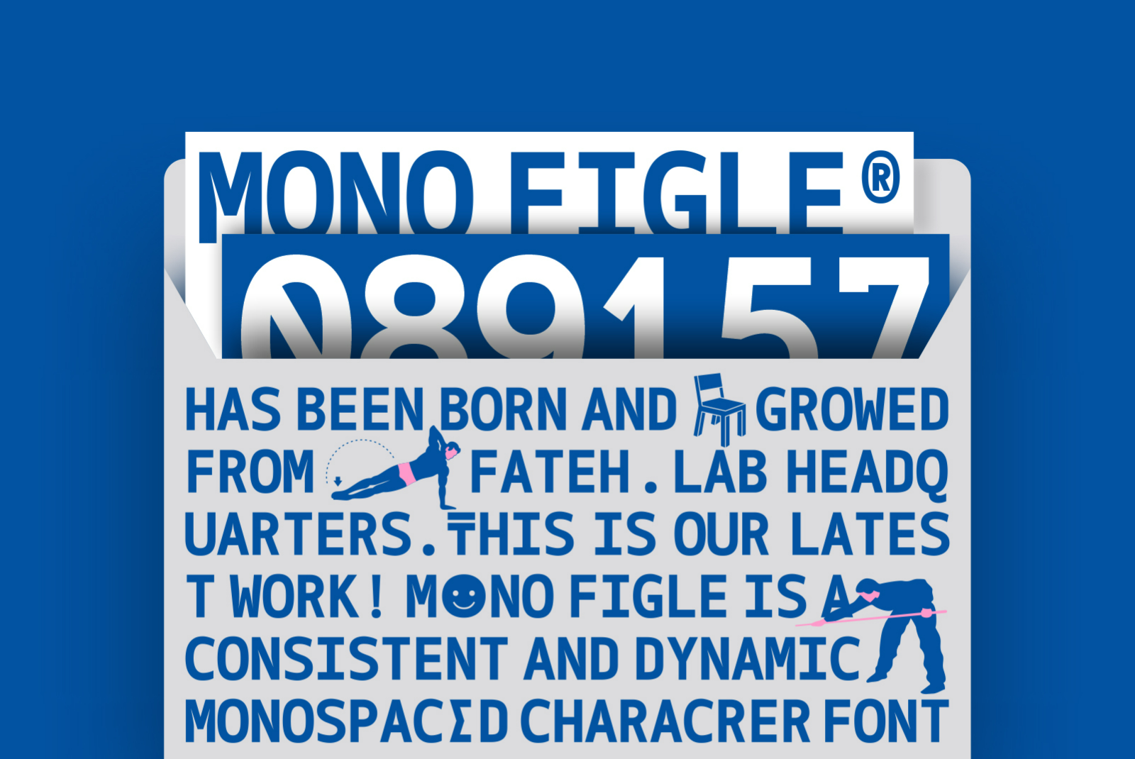 Modern monospaced font called Mono Figle displayed with numbers and text design featuring a dynamic and consistent character style for designers.