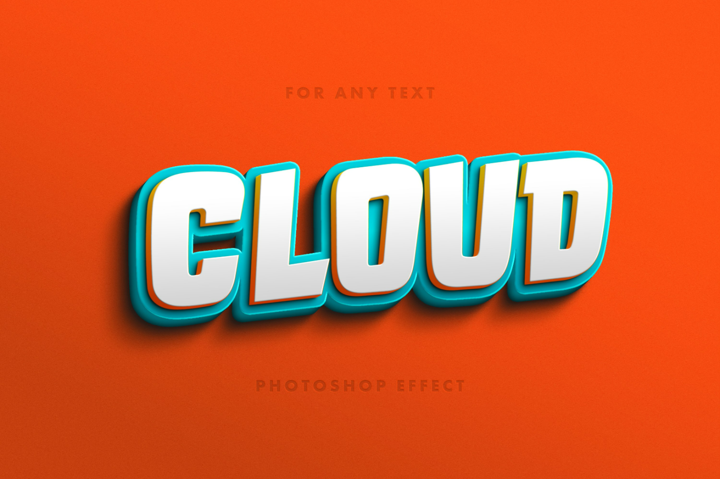 3D text effect template in Photoshop, featuring bold white cloud lettering with blue outline on a vibrant orange background perfect for designers.