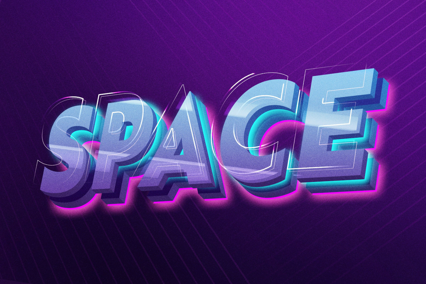 Neon 3D text effect that says "SPACE" in light blue and purple with a futuristic vibe designed for graphic templates mockups designers digital assets.