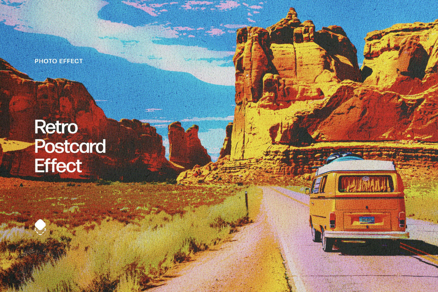 Retro postcard effect template showcasing a vintage photo effect with a rugged desert landscape and a classic van driving on a scenic road.