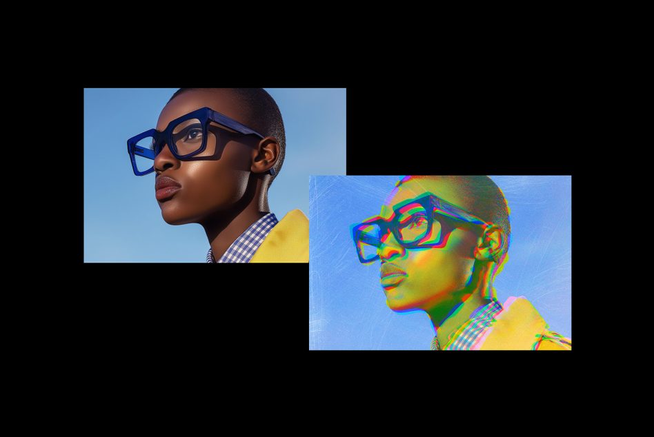 Close-up of stylish person with bold glasses, modern fashion mockup graphic asset for designers. Vibrant colors, high-quality portrait suitable for creative projects.