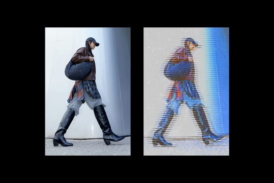 Fashion mockup featuring a person walking in stylish clothing and boots carrying a large bag in dynamic, modern style with original and glitch effect versions