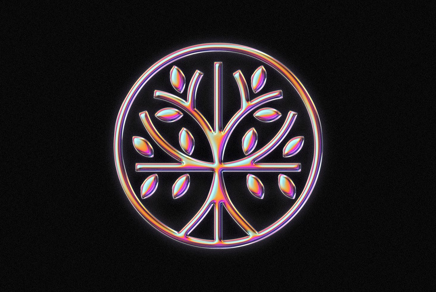 Gradient tree logo design in round frame on a black background ideal for designers, available in graphics category, vibrant colors, vector, modern, abstract.