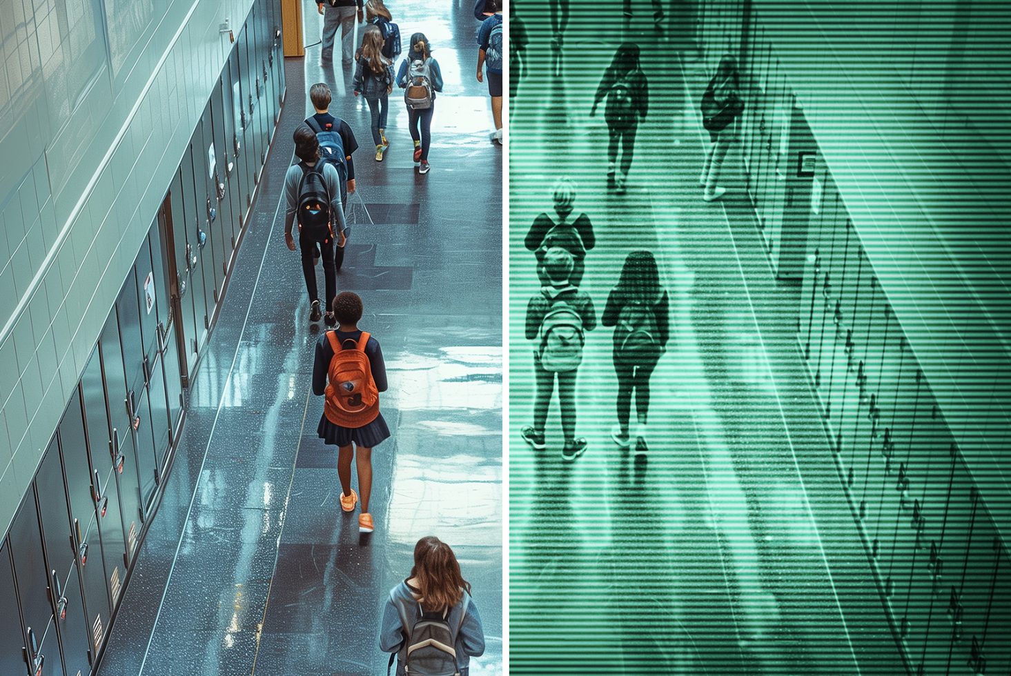 School hallway split screen showing students walking with backpacks normal on left, CCTV effect on right. Keywords: Mockups, Templates, Education, Security