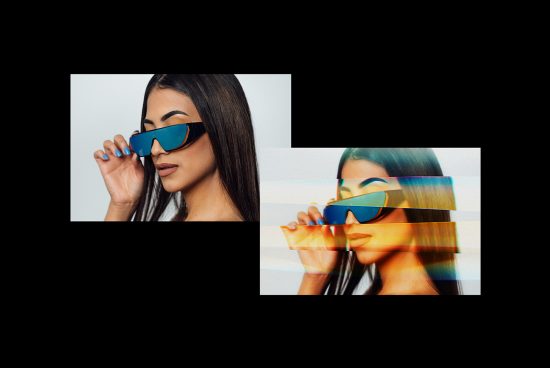 Mockup with a woman wearing futuristic sunglasses. Includes a glitch effect version. Ideal for digital design, graphics, and template projects.