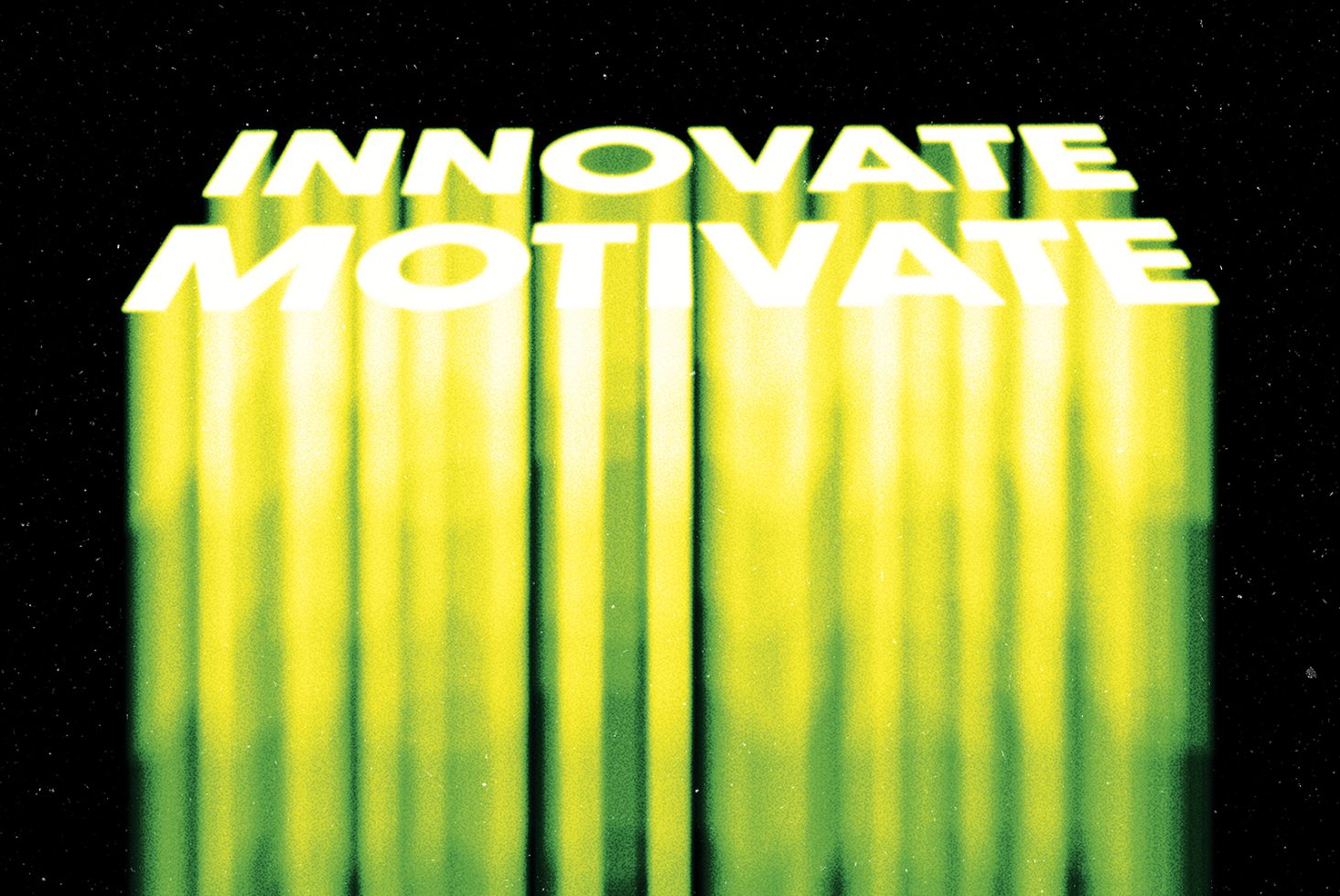 3D text graphic with the words Innovate Motivate in glowing green vertical bars on a black star-sprinkled background ideal for templates graphics design projects