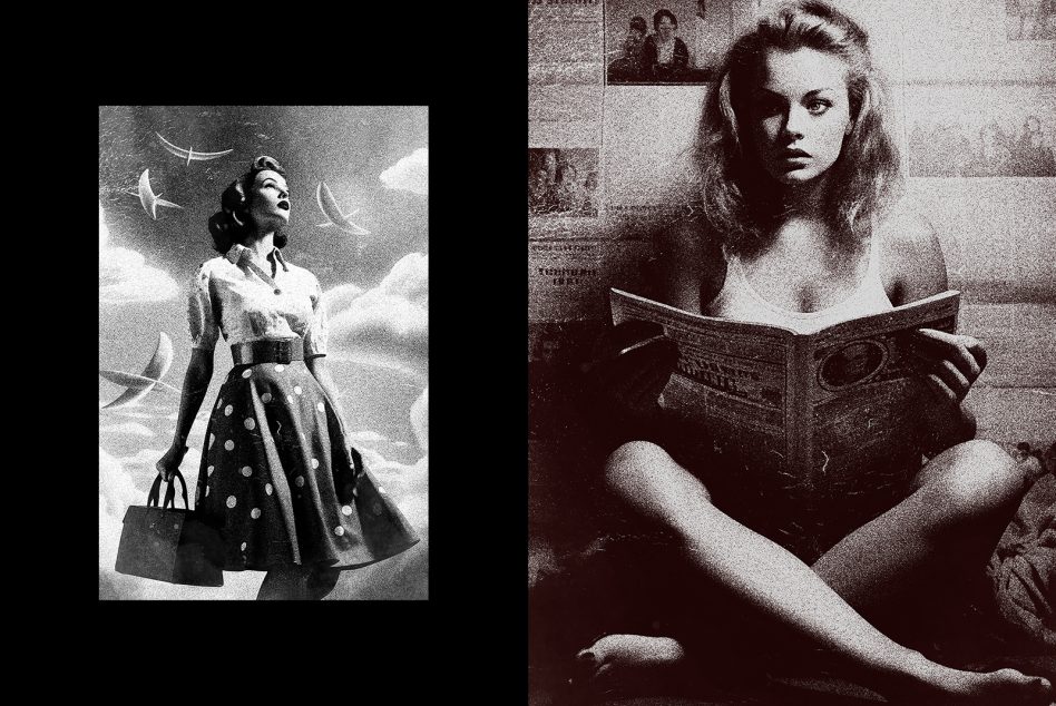 Vintage black-and-white photo collage with woman in polka dot dress holding handbag, woman reading newspaper