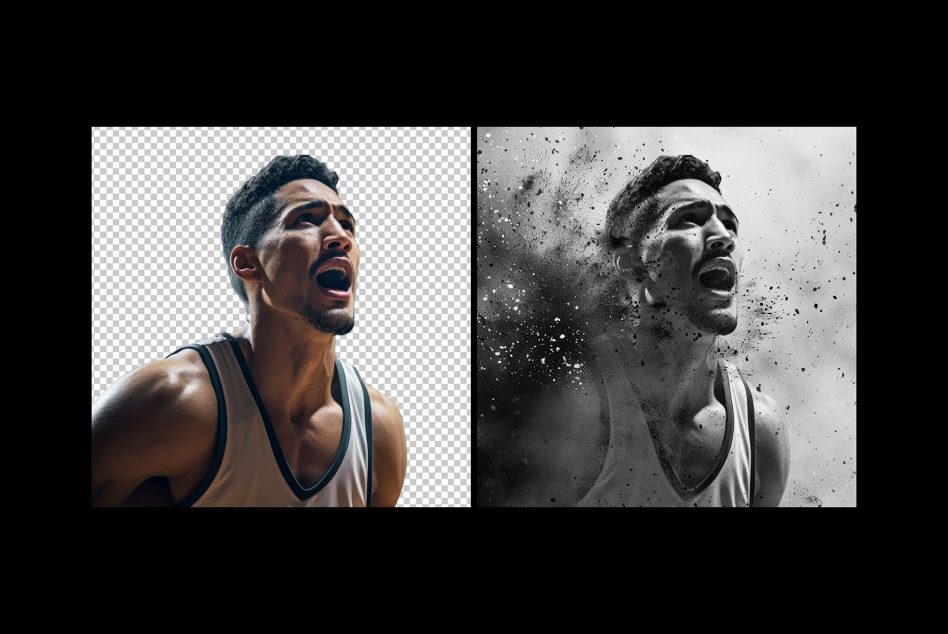 Basketball player photo manipulation template left shows cutout with transparent background right displays dynamic particle effect for digital design projects.