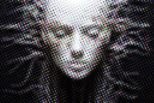 Pixelated portrait art with a serene face, ideal for mockup design, graphic templates, and digital assets for designers. High-resolution bitmap graphics.