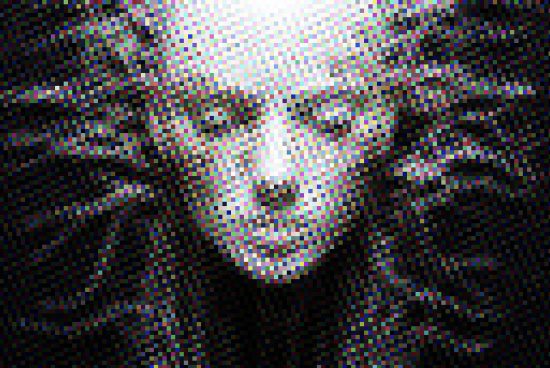 Pixelated portrait art with a serene face, ideal for mockup design, graphic templates, and digital assets for designers. High-resolution bitmap graphics.